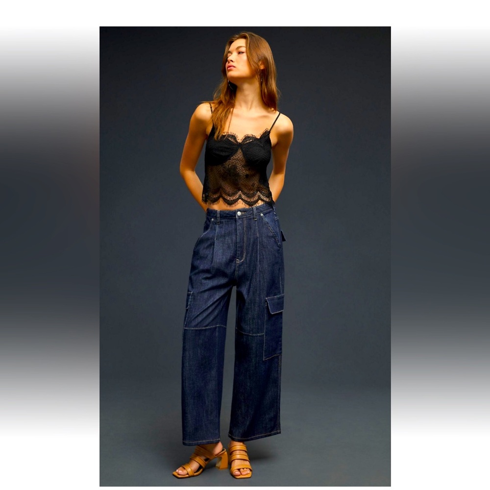 Pilcro by anthropologie barrel leg low slung relaxed fit darkwash cargo Jean